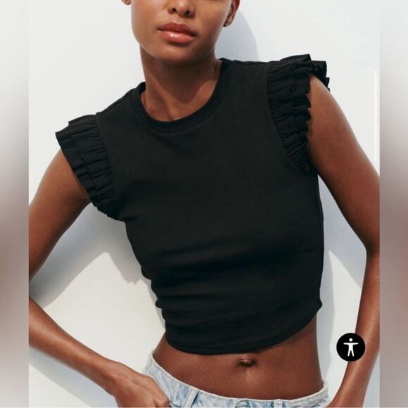 Zara Black Ruffle Sleeve Top Size 26 - Picture 11 of 11